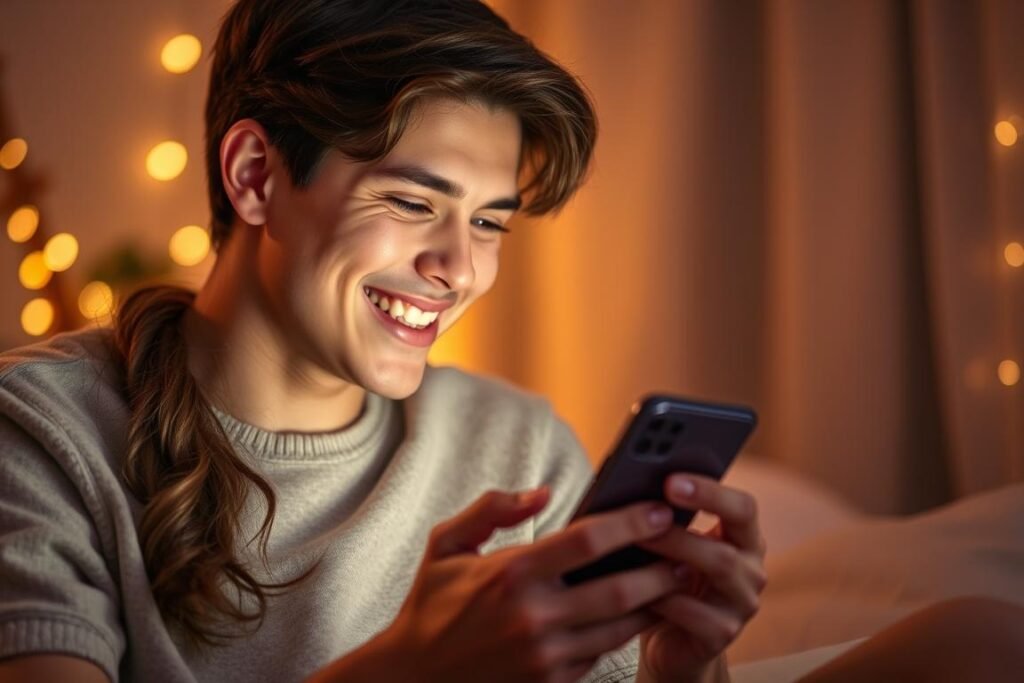Jovem adulto interagindo romanticamente com companheiro Nomi AI