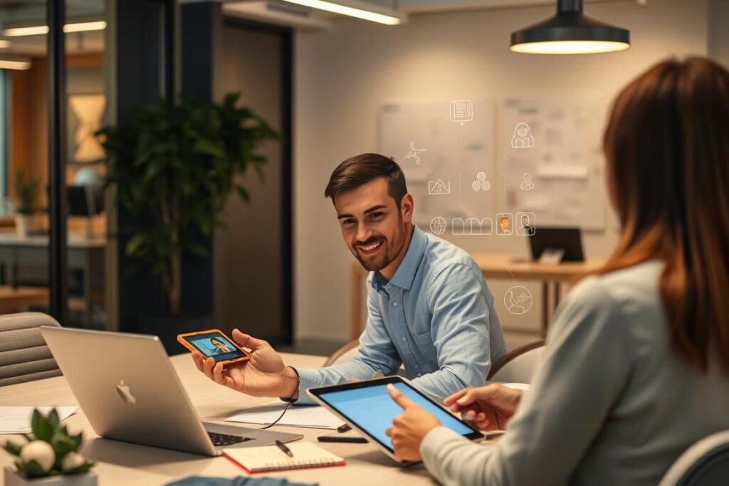 Profissional usando Nomi AI para brainstorming criativo